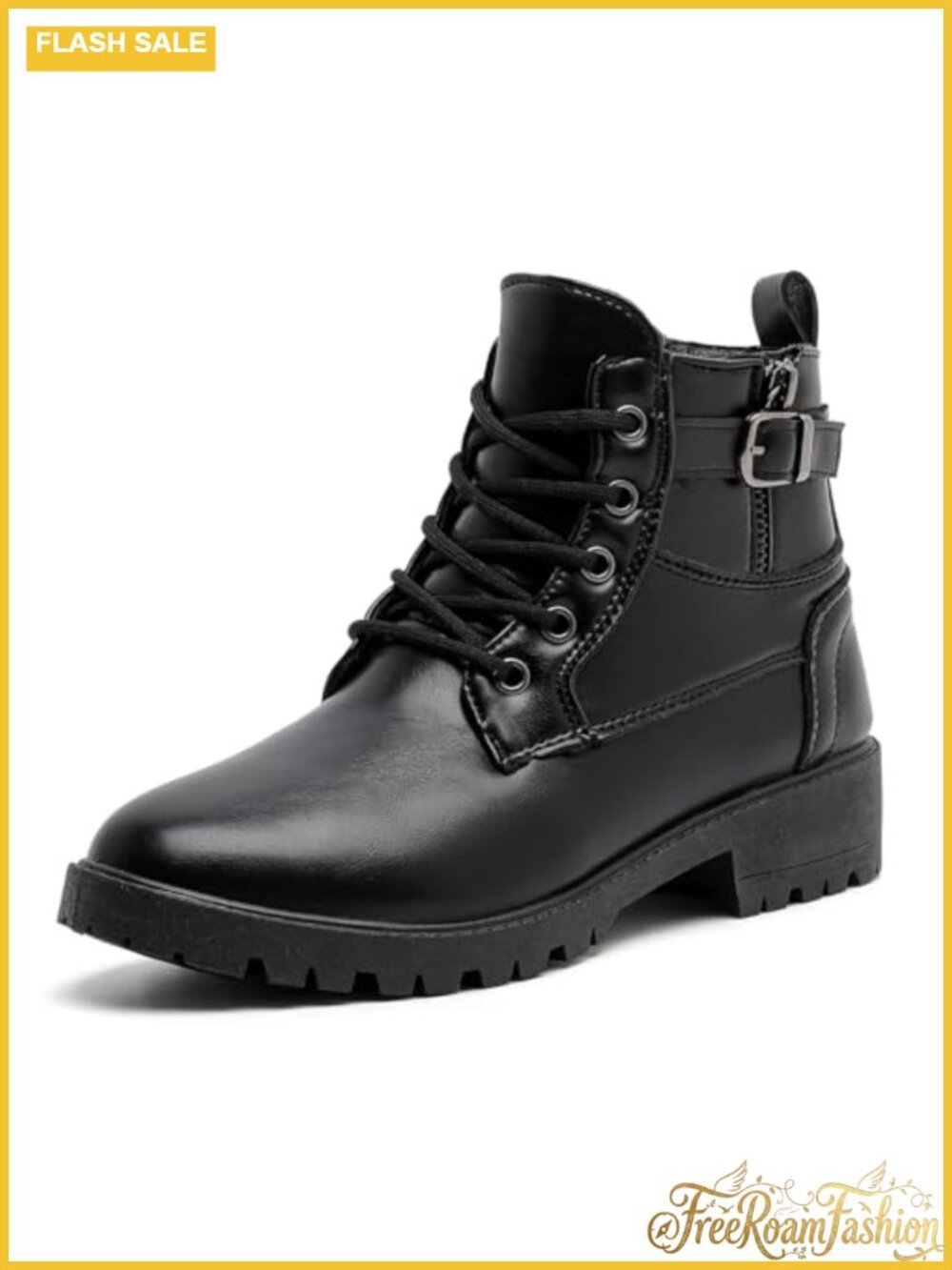 Women's Faux Leather Ankle Booties Lace-Up Combat Platform Low Heel